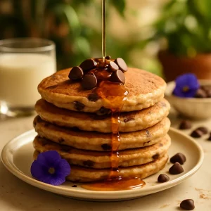 Fluffy chocolate chip pancakes with syrup drizzle.
