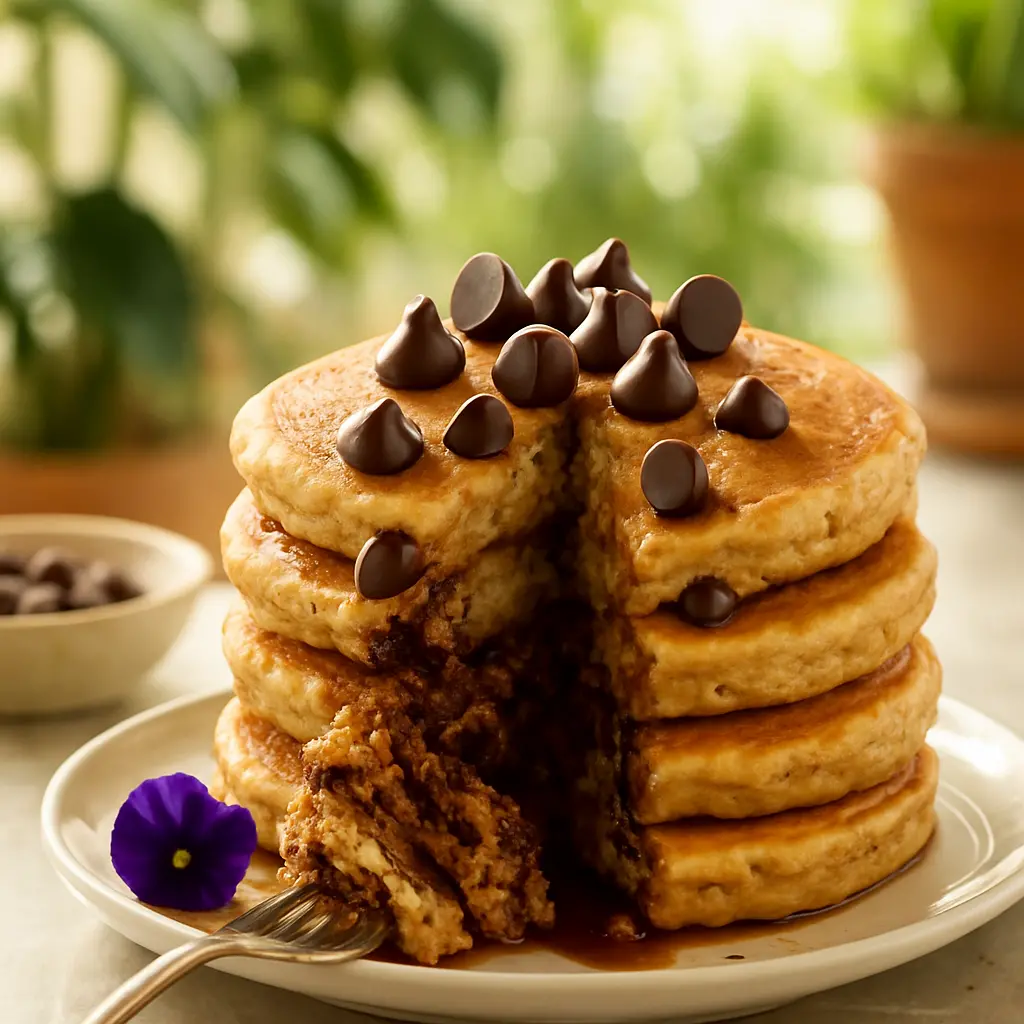 Ingredients for chocolate chip protein pancakes laid out on counter