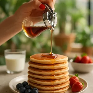 Stack of pancakes drizzled with syrup and fresh berries.