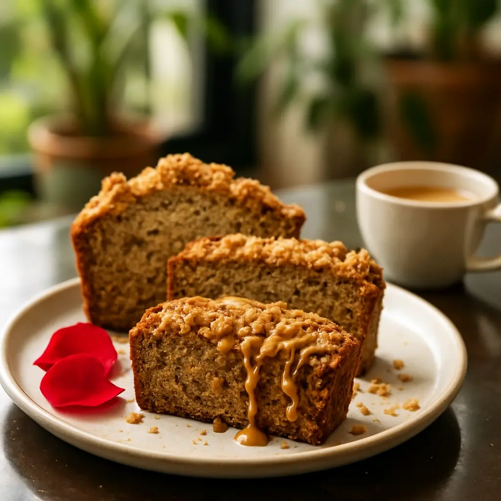 Golden loaf of Biscoff banana bread with visible cookie pieces and streusel topping