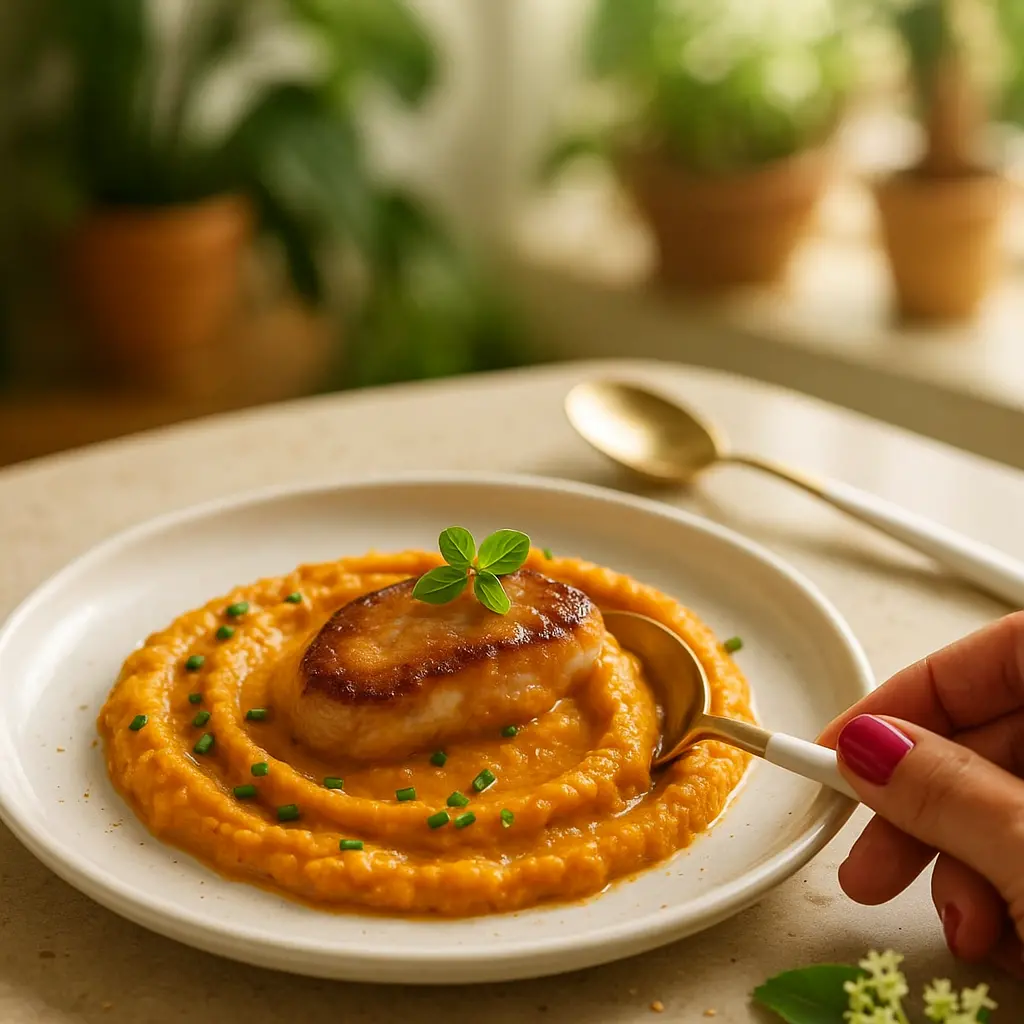 Creamy dairy free mashed sweet potatoes in a white bowl