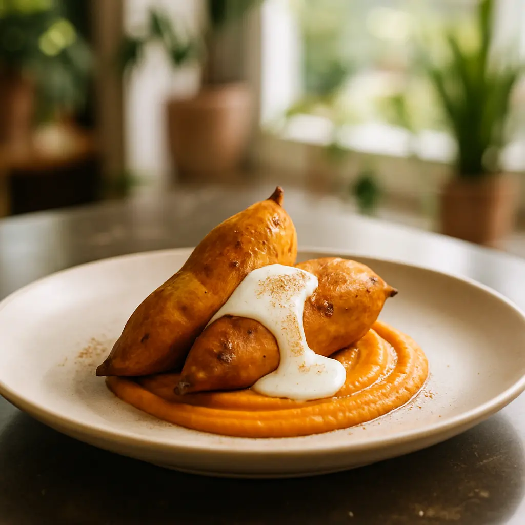 Roasted sweet potatoes being mashed with coconut milk