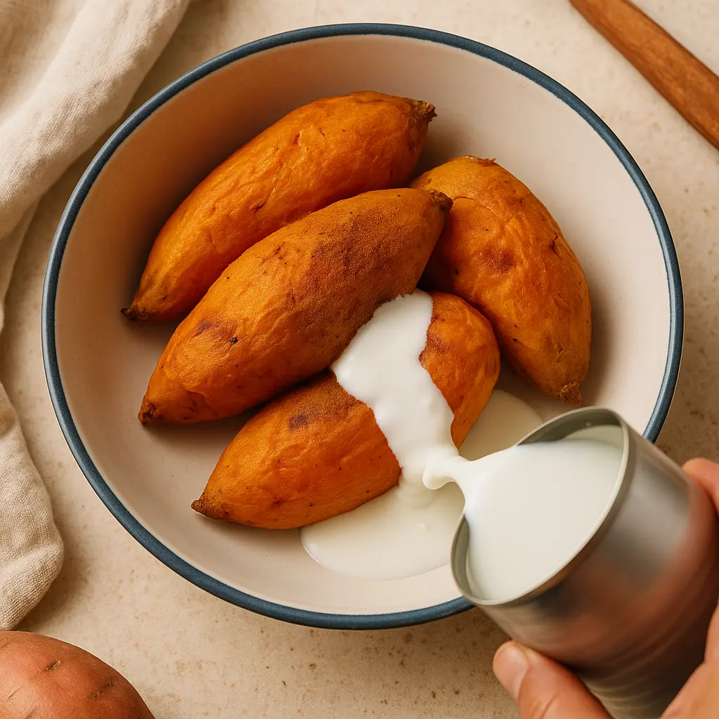 Mixing mashed sweet potatoes with coconut milk in bowl