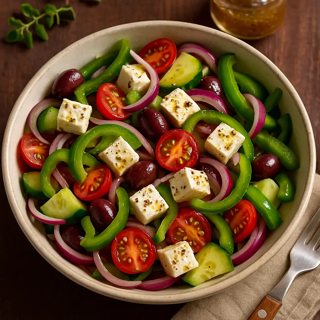 Fresh Greek salad with tomatoes, cucumbers, olives and feta cheese