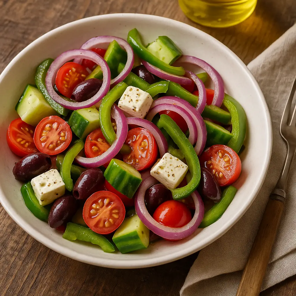 Preparing Greek salad ingredients on cutting board