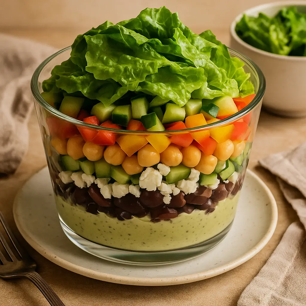 Layered mason jar Greek salad showing crisp vegetables and tahini dressing