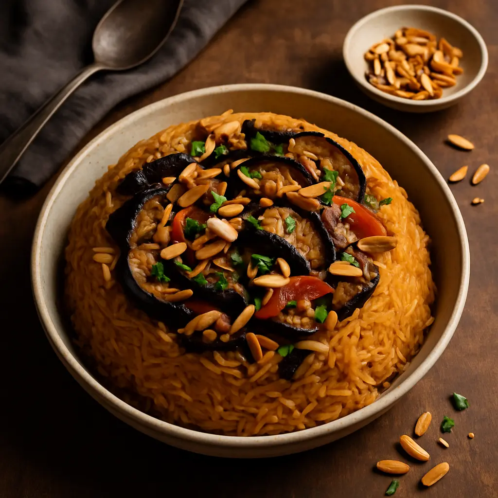 Ingredients for maqluba including eggplant, rice, lamb, onions, and Middle Eastern spices