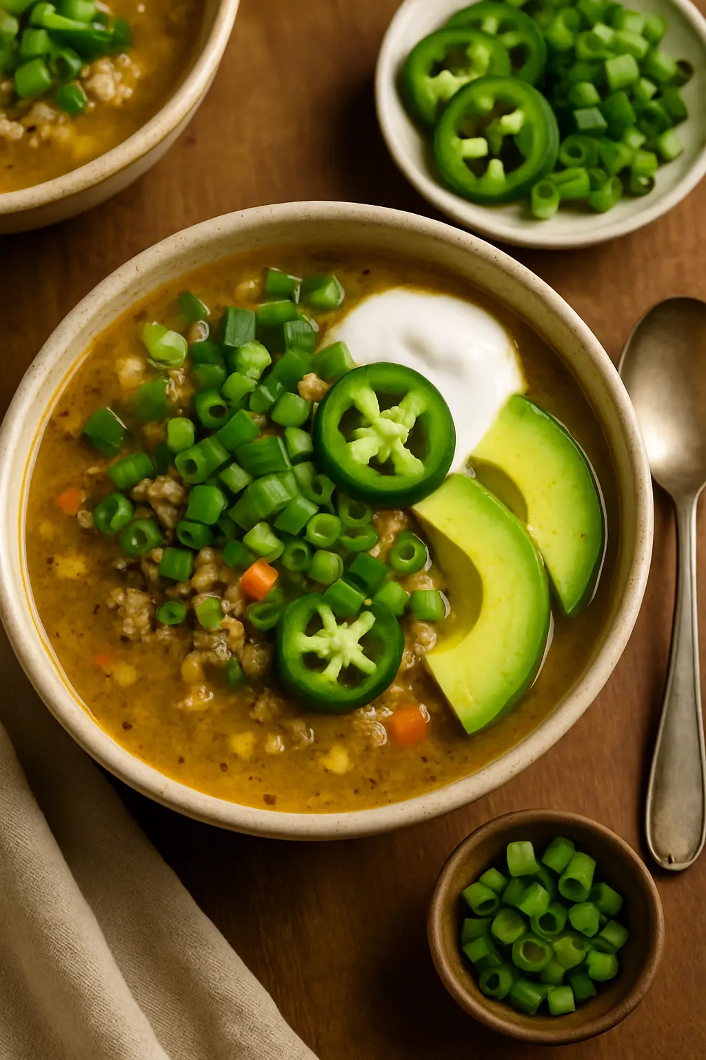 Side-by-side comparison of white turkey chili and traditional red chili in bowls