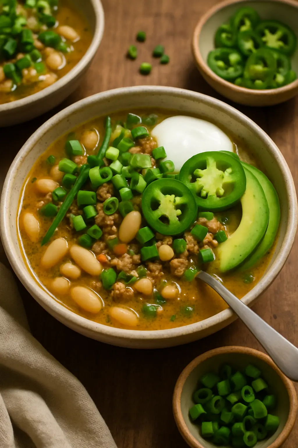 Step-by-step photos showing how to make white turkey chili in a pot