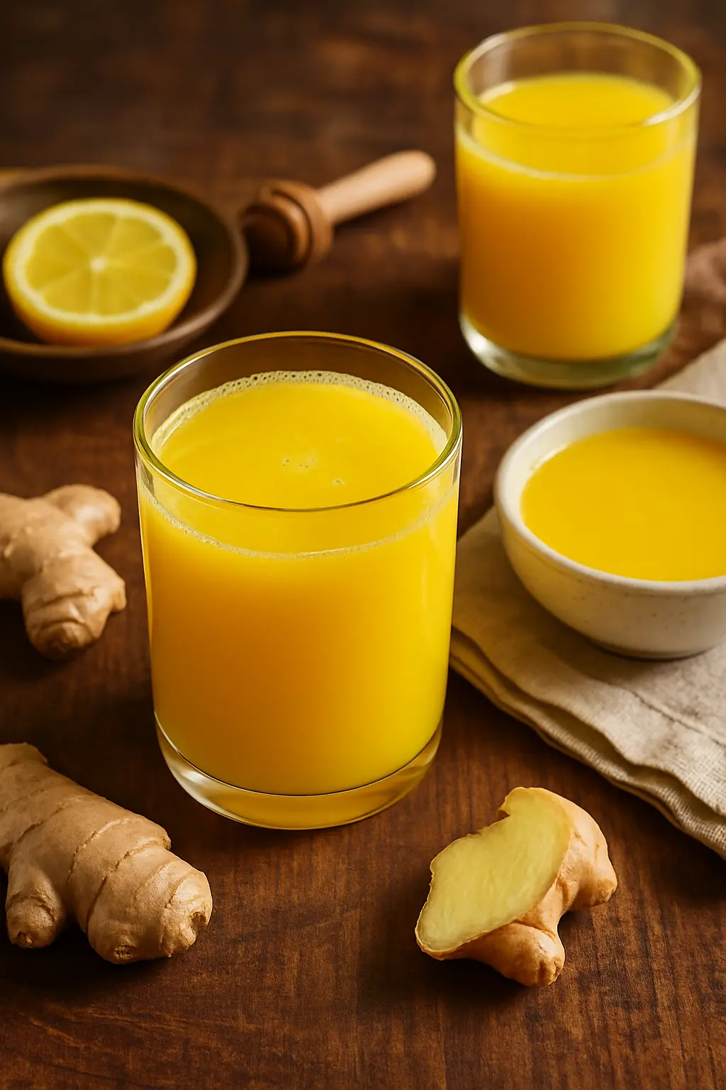 Fresh ginger and turmeric roots with lemon on wooden cutting board