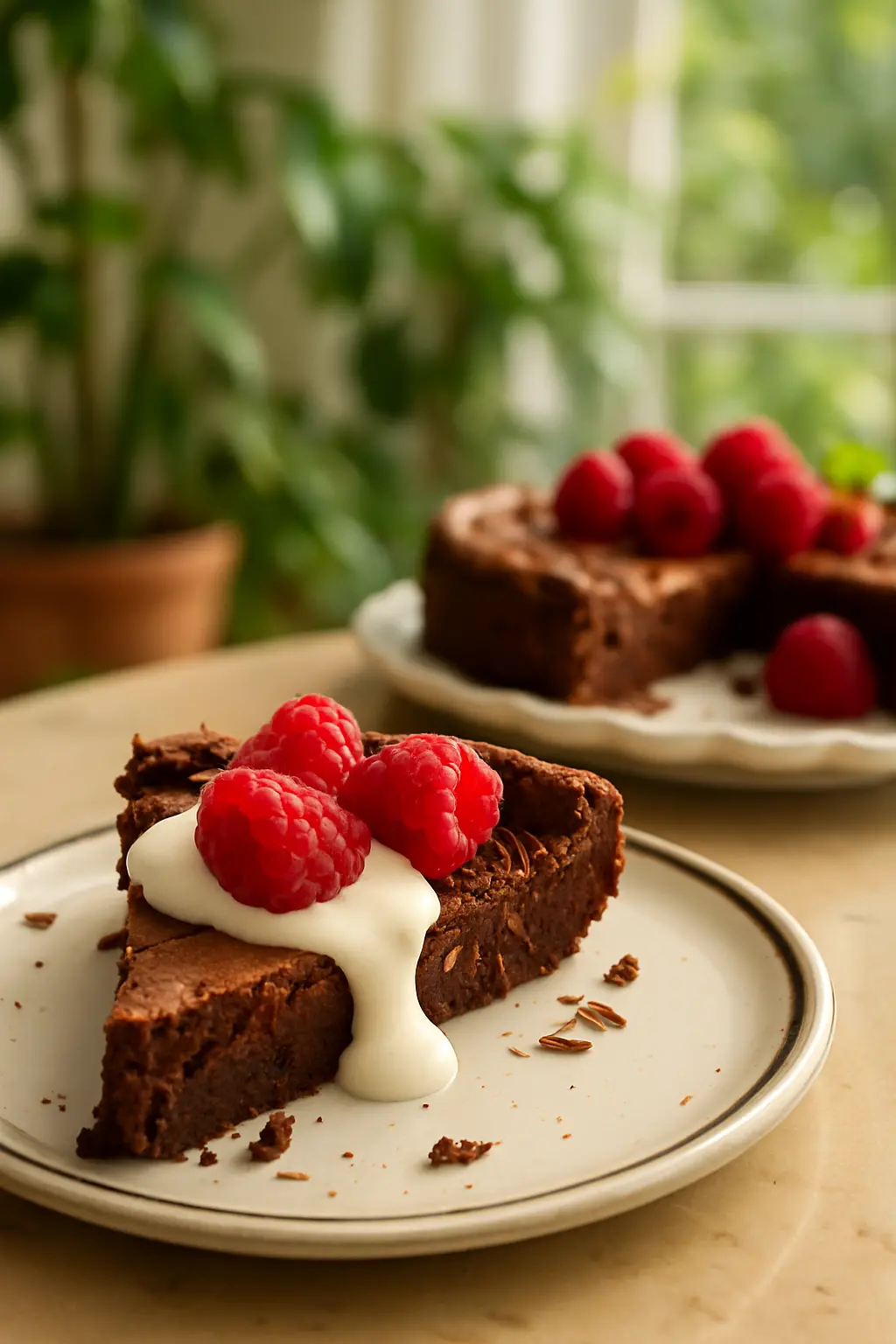 "Easy Flourless Chocolate Cake Recipe – Rich, Decadent & Gluten-Free" 3 Slice of flourless chocolate cake with whipped cream