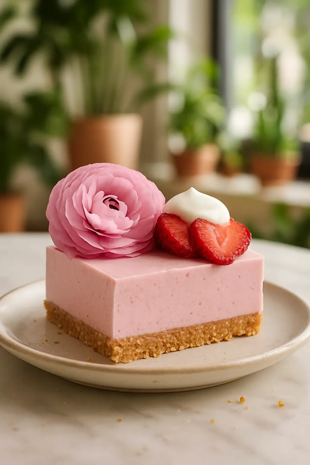 "Easy No-Bake Strawberry Cheesecake Squares – Quick & Delicious Recipe" 1 No-bake strawberry cheesecake squares with fresh strawberries and whipped cream