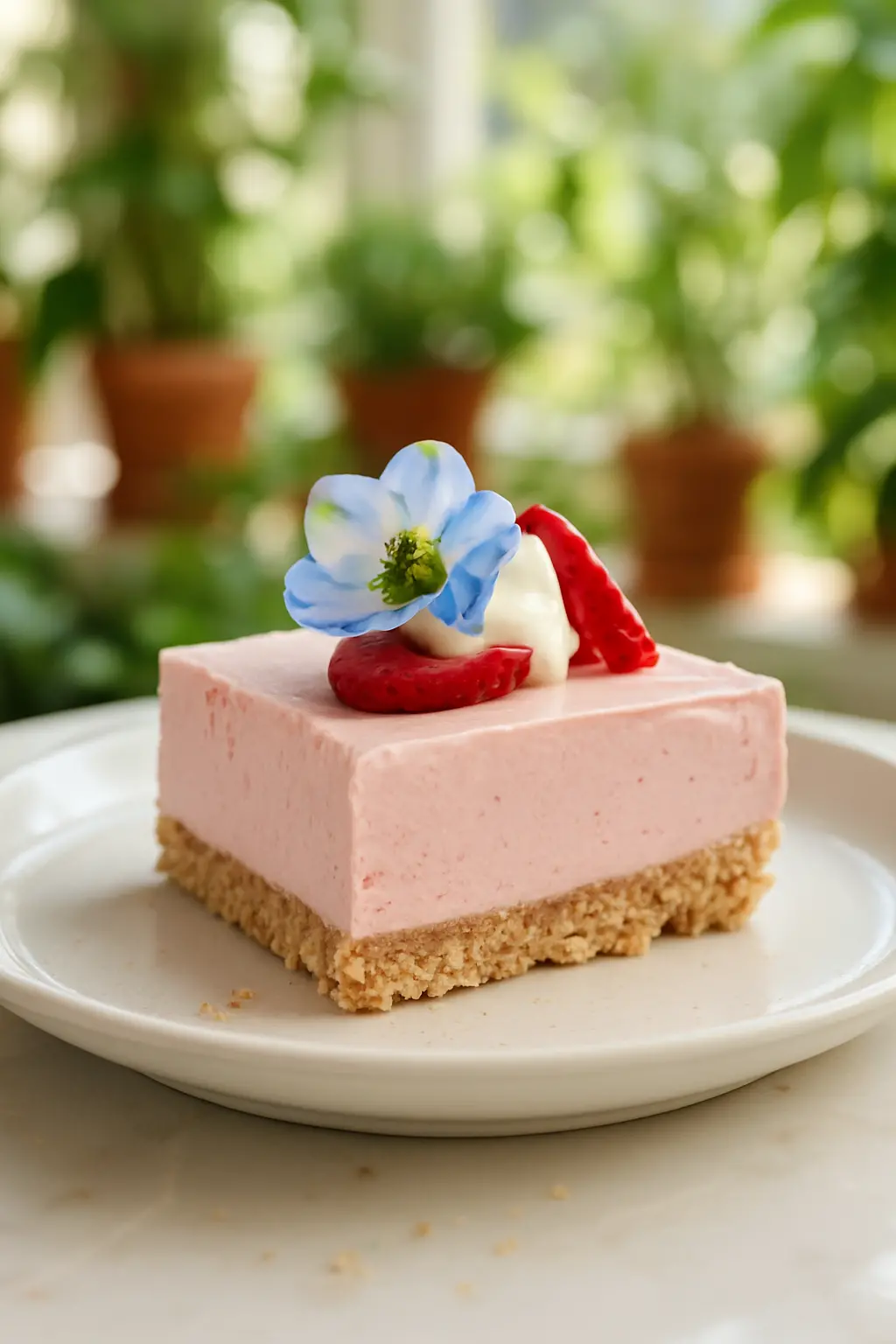"Easy No-Bake Strawberry Cheesecake Squares – Quick & Delicious Recipe" 3 Homemade strawberry cheesecake squares with graham cracker crust