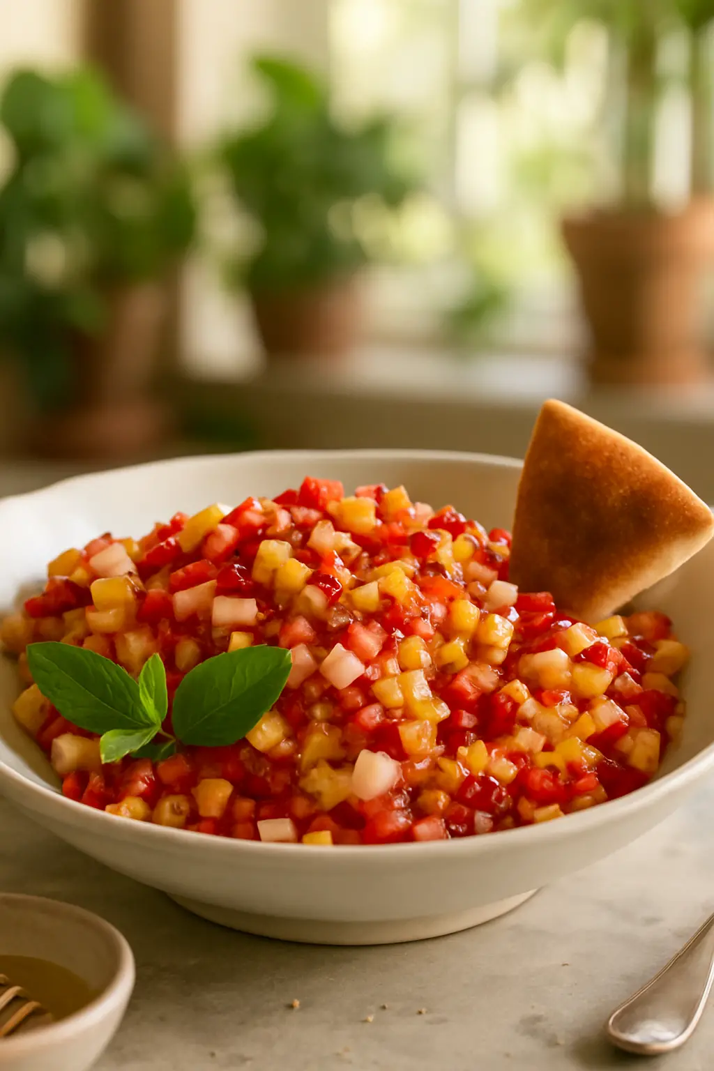 "Easy Fresh Fruit Salsa Recipe with Crispy Cinnamon Sugar Pita Chips" 1 Colorful fruit salsa in a bowl with cinnamon chips