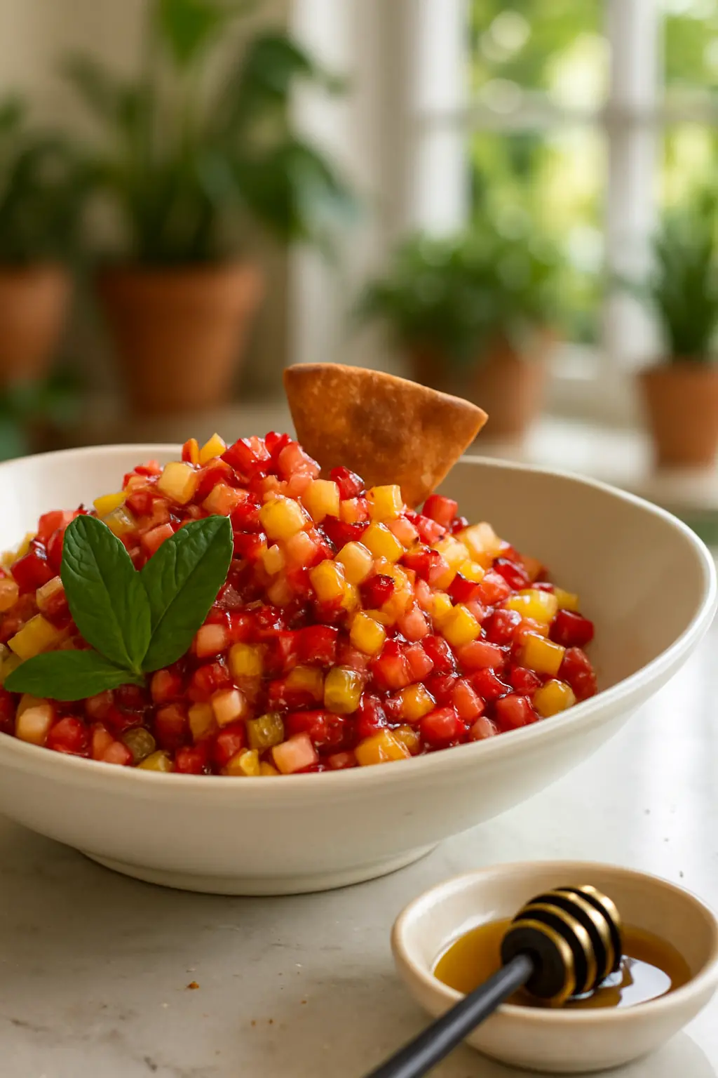 "Easy Fresh Fruit Salsa Recipe with Crispy Cinnamon Sugar Pita Chips" 3 Assorted fresh fruits for making salsa