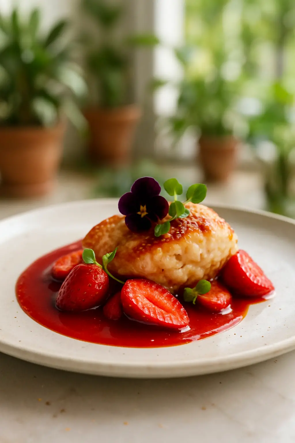 Close-up of ricotta toast with strawberry topping
