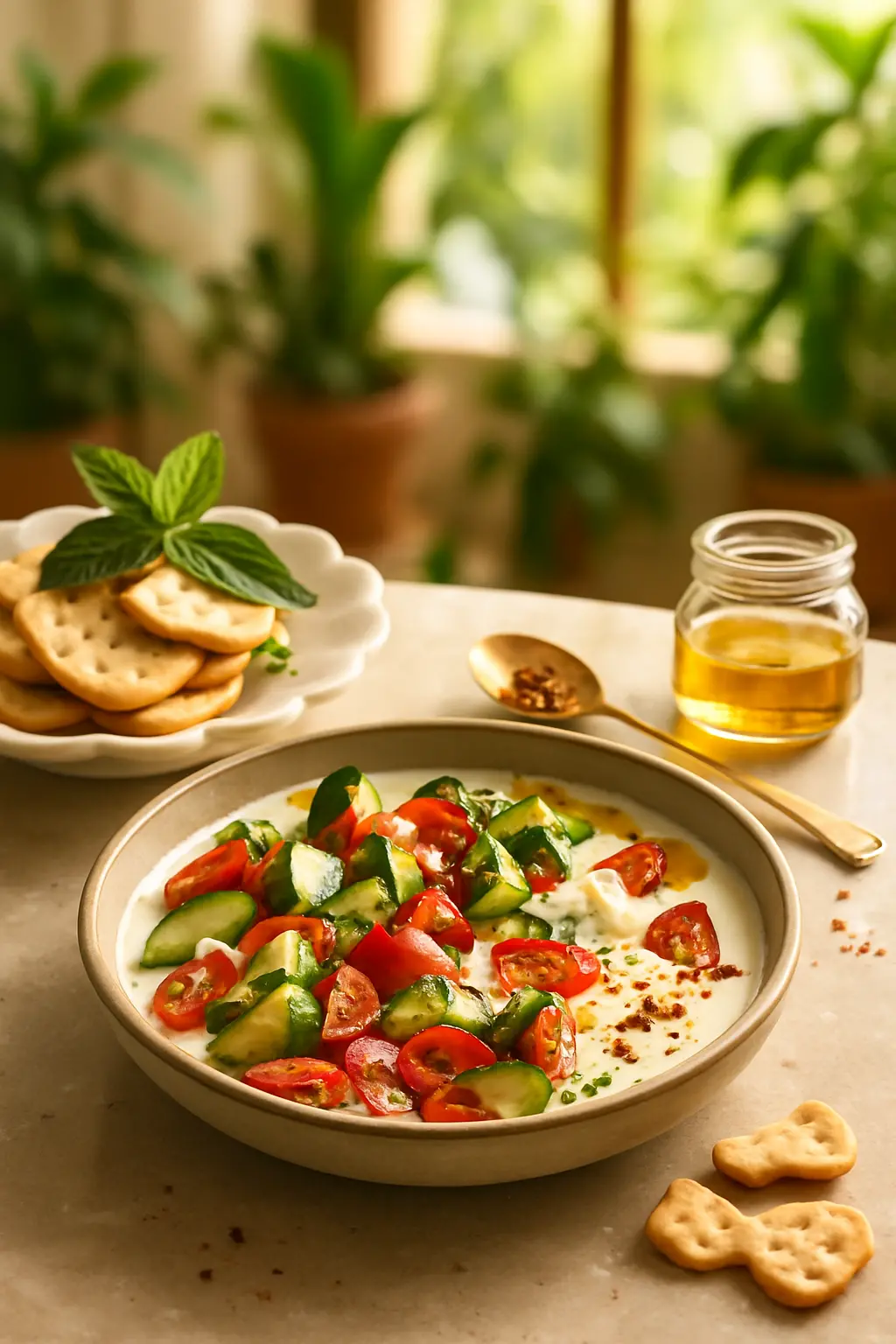 "Healthy Cucumber and Tomato Salad with Creamy Cottage Cheese Recipe" 3 Whipped cottage cheese with fresh tomatoes and herbs