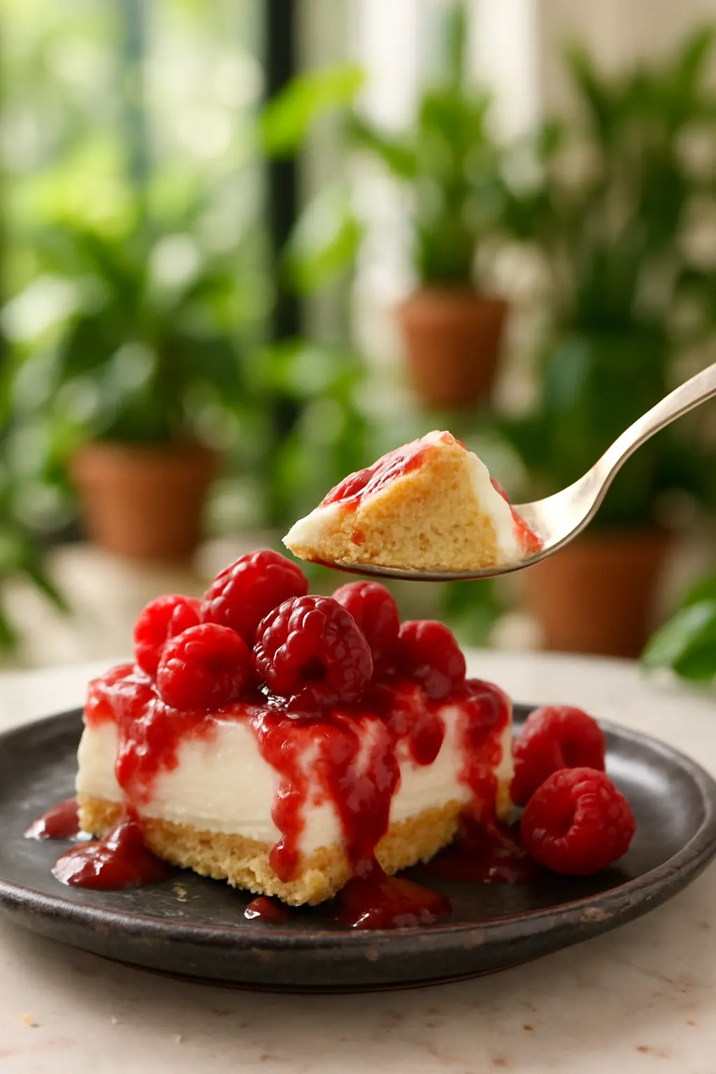 Close-up of strawberry cheesecake bar layers