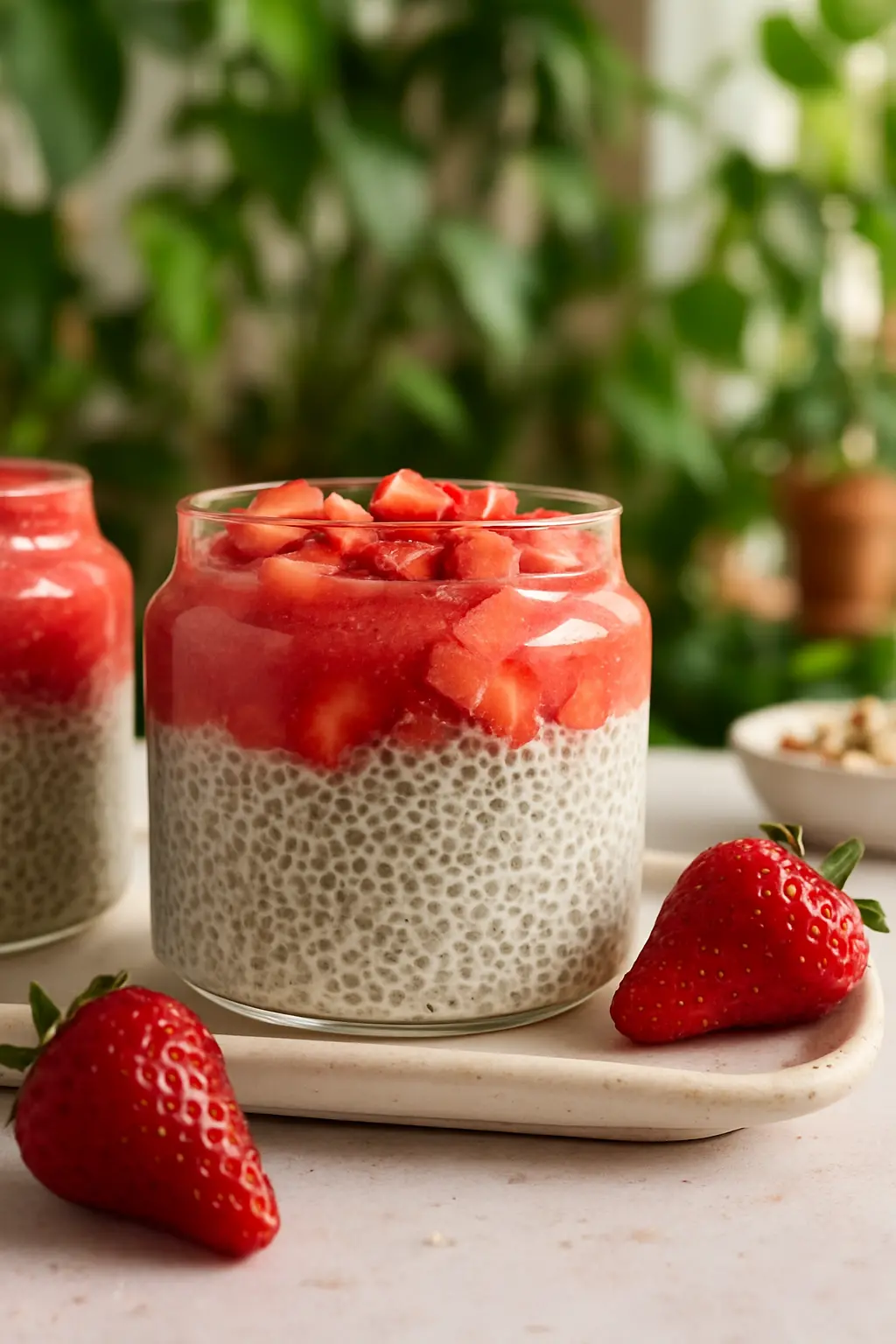 Strawberry chia pudding in a jar topped with fresh strawberries