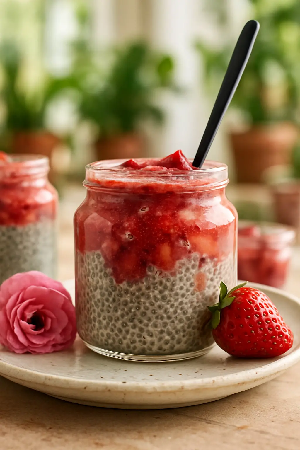 Close-up of strawberry chia pudding with chia seeds visible