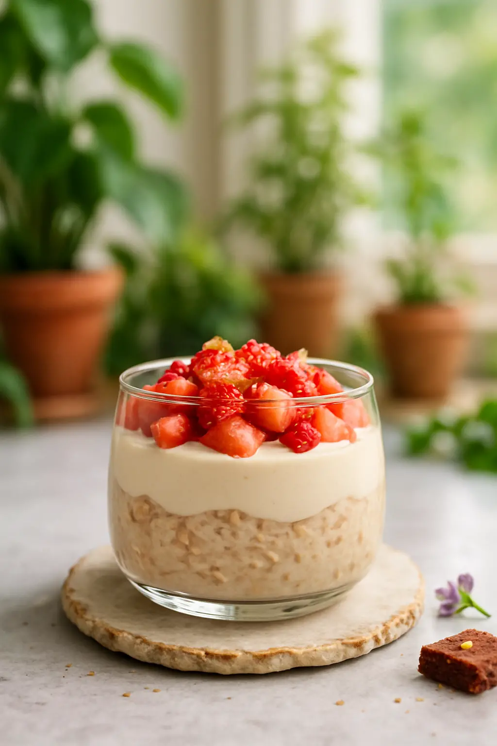 strawberry cheesecake overnight oats in a mason jar with fresh berries
