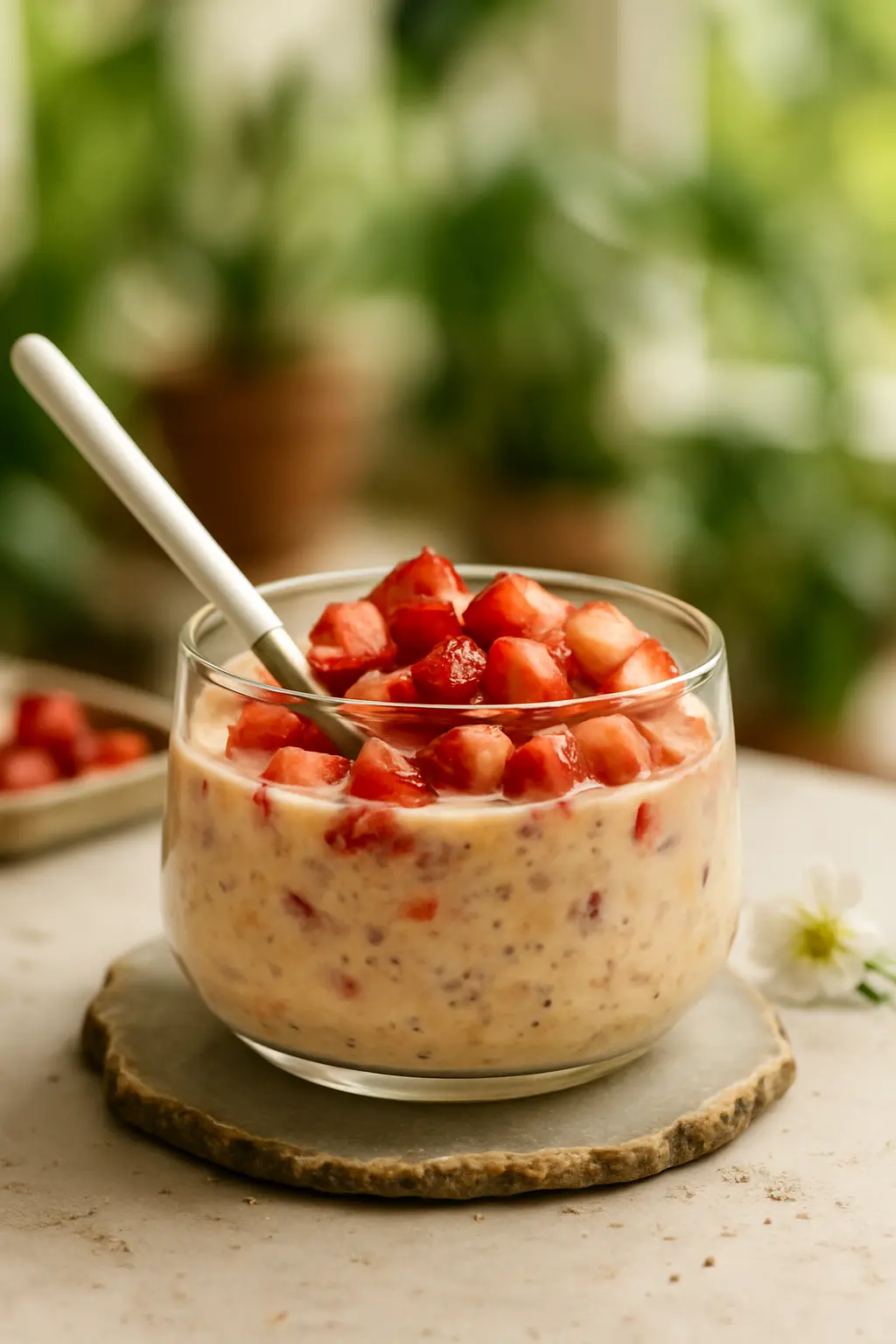 close-up of strawberry cheesecake overnight oats with chia seeds