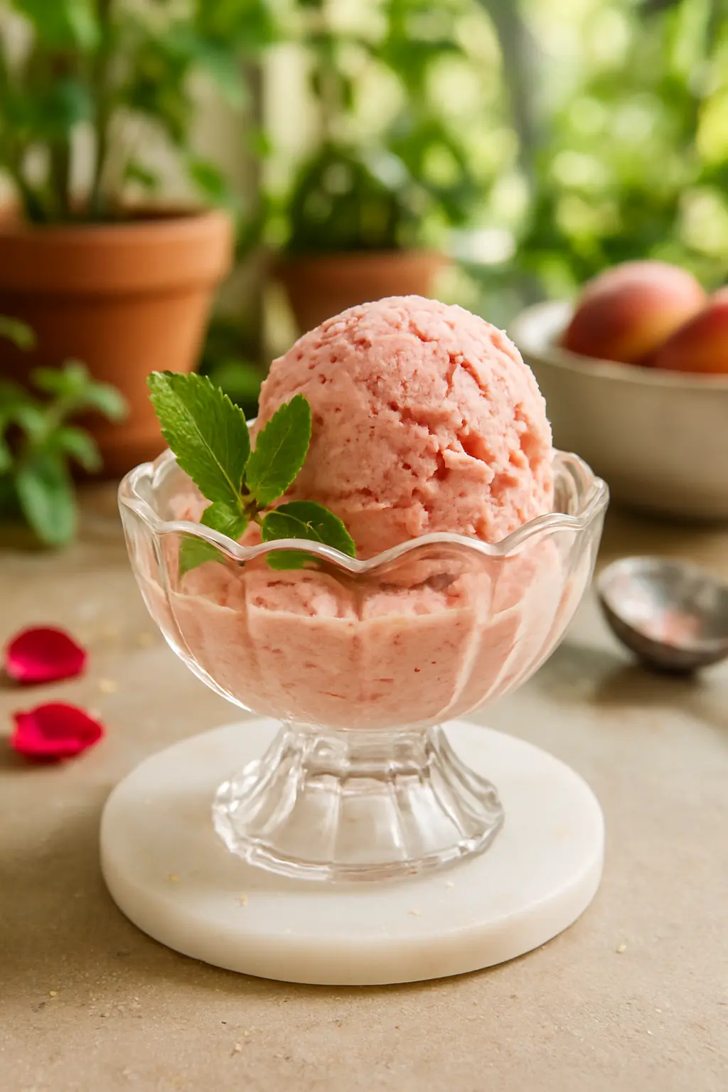 Creamy homemade fruit ice cream with peaches and strawberries