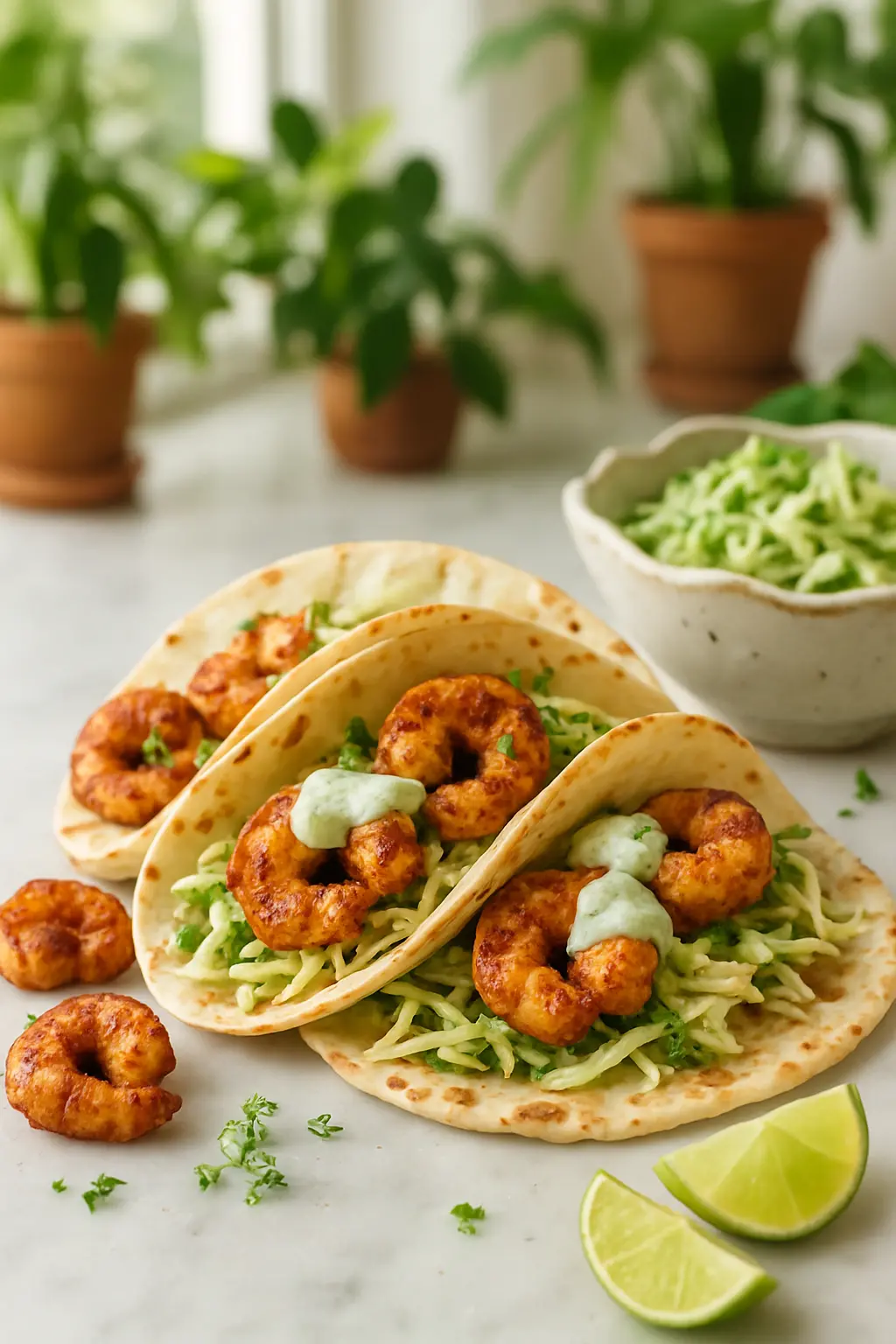 Blackened shrimp tacos with slaw on a wooden board