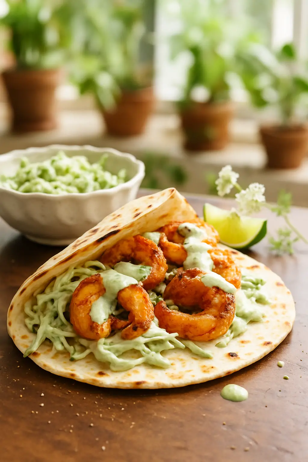 Close-up of blackened shrimp tacos with sauce drizzled on top