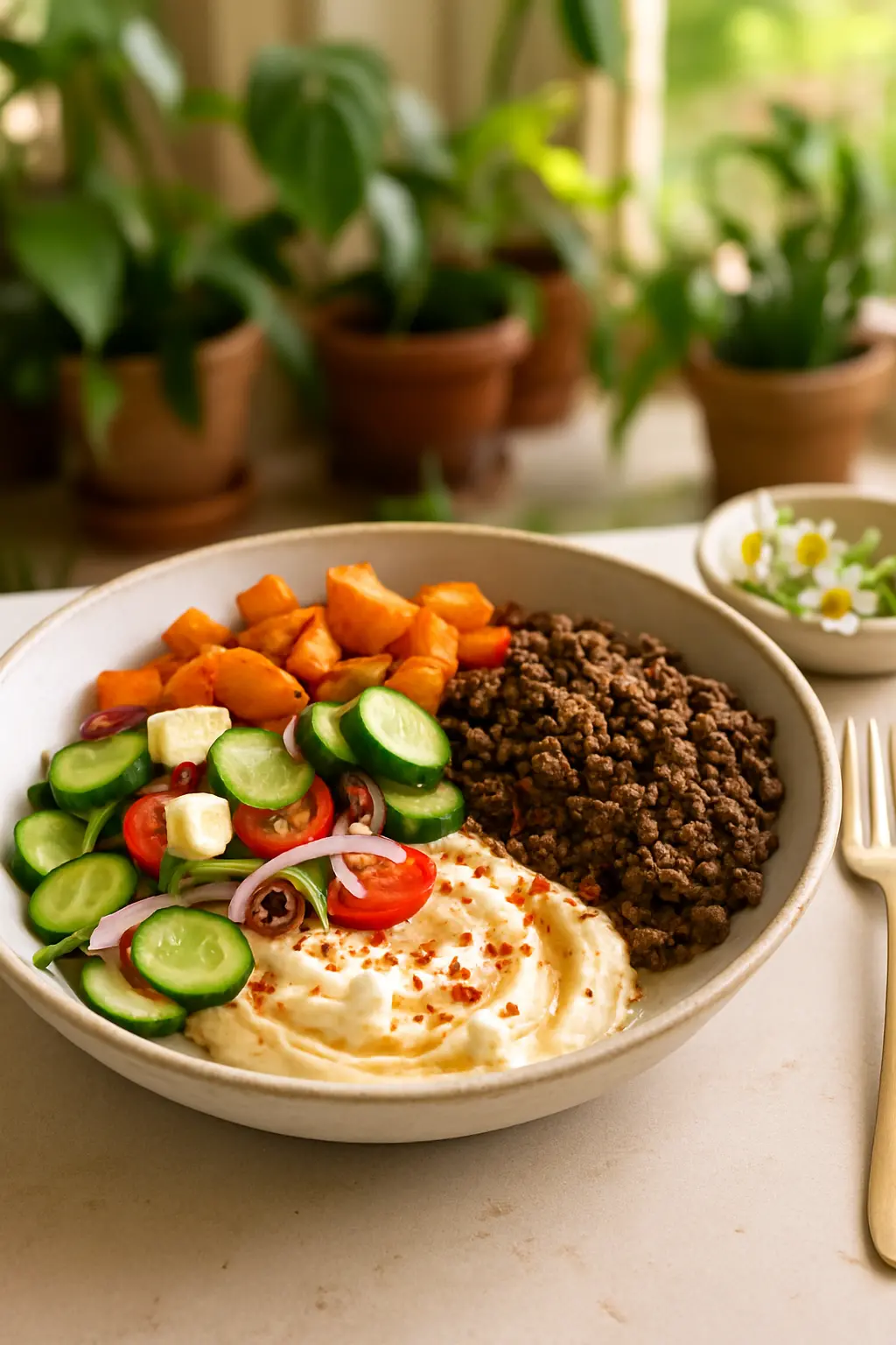 Close-up of ground beef bowl ingredients