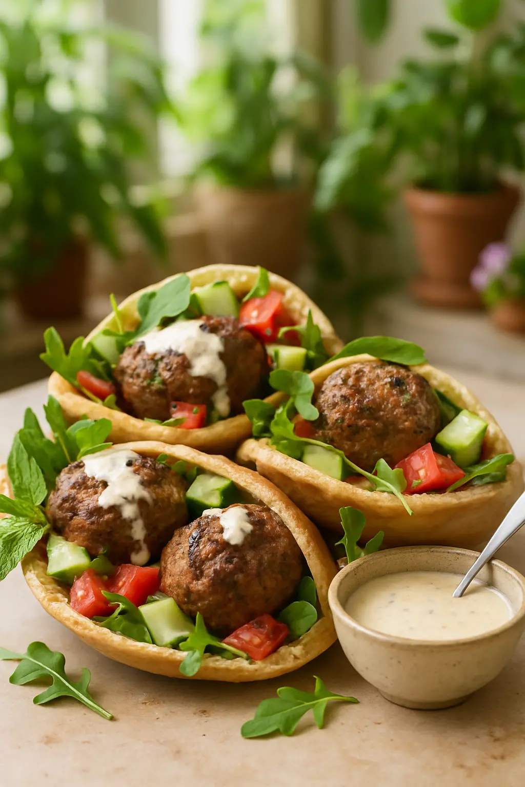 Juicy beef meatballs with Mediterranean herbs and tahini sauce