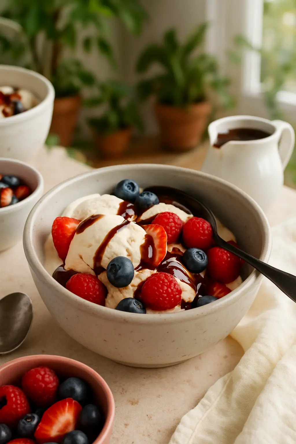 3 ingredient ice cream in a bowl with toppings