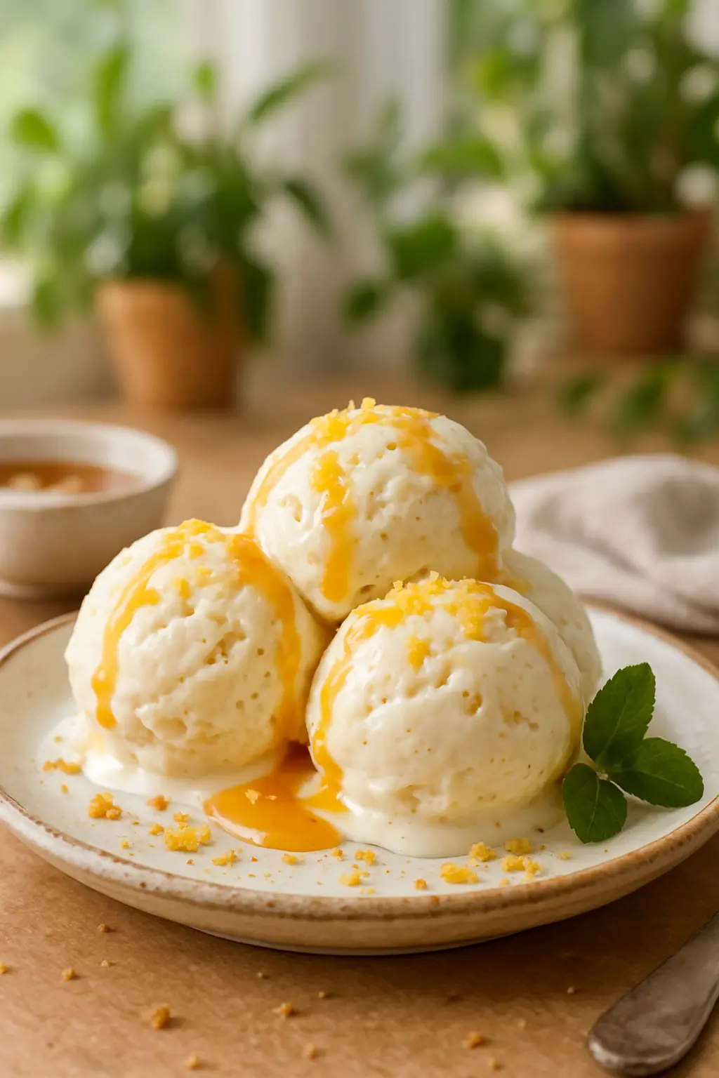 Close-up of 3 ingredient vanilla ice cream with chocolate sauce
