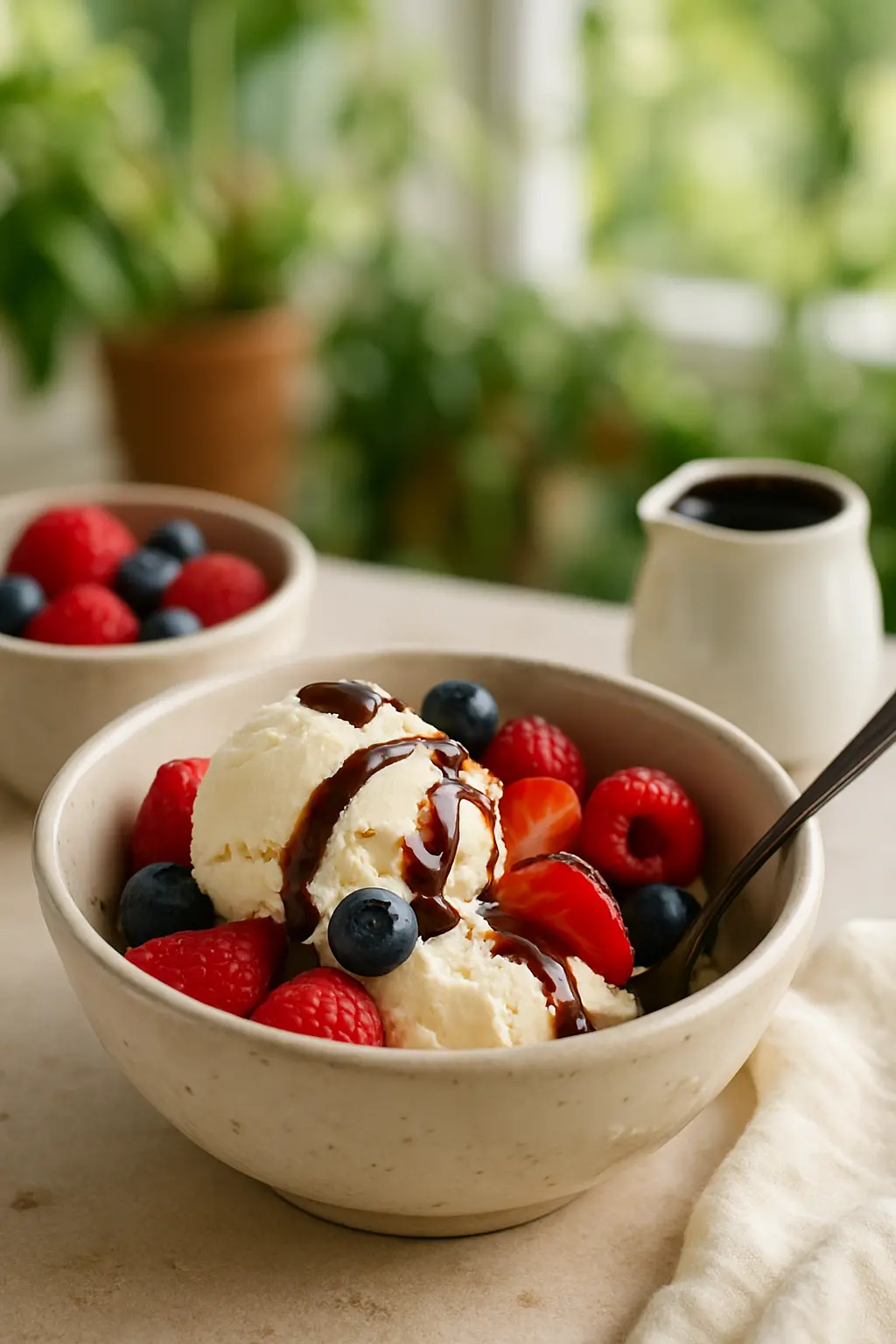 3 ingredient ice cream in a bowl with fresh berries
