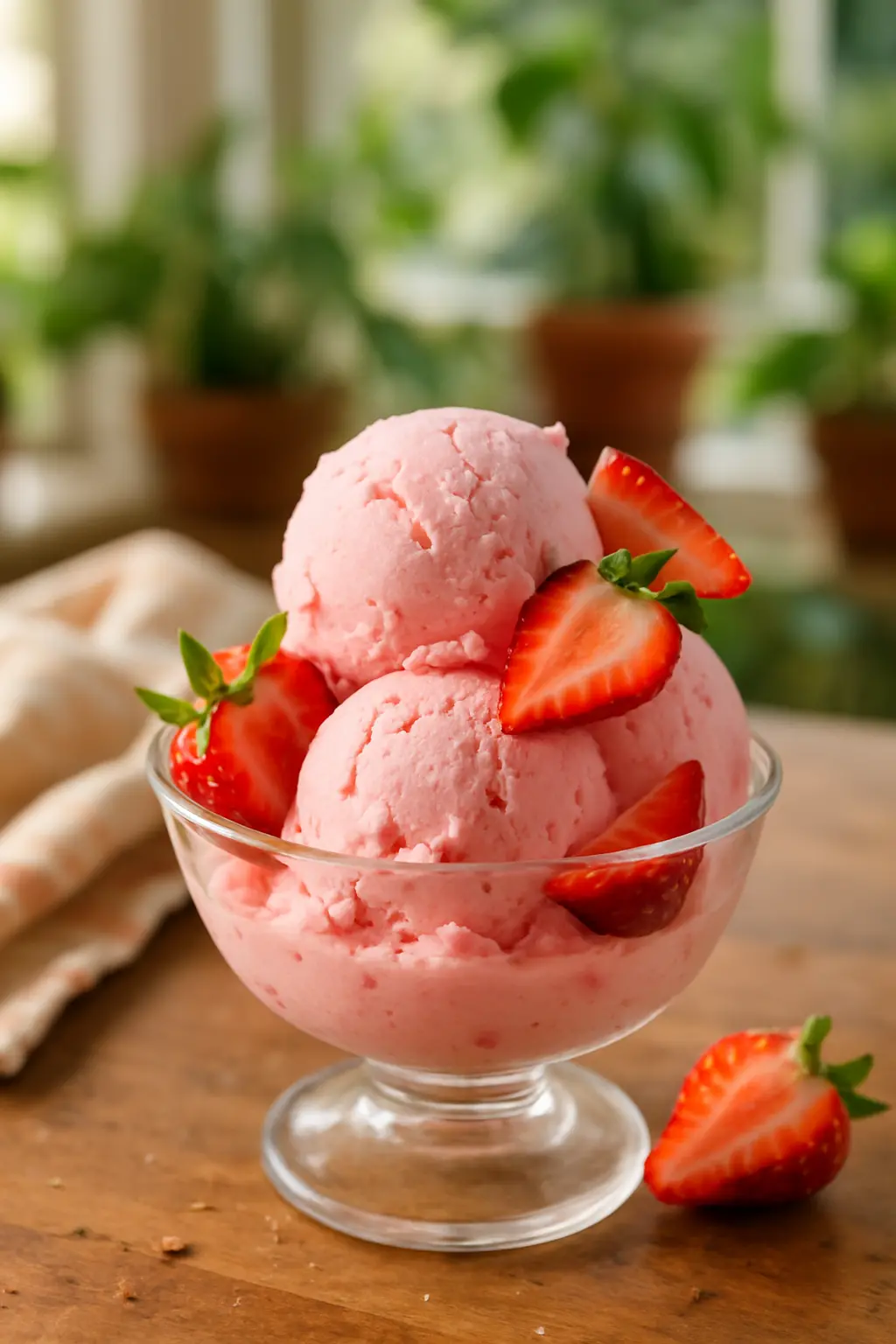 Creamy five minute ice cream in a bowl with fresh strawberries