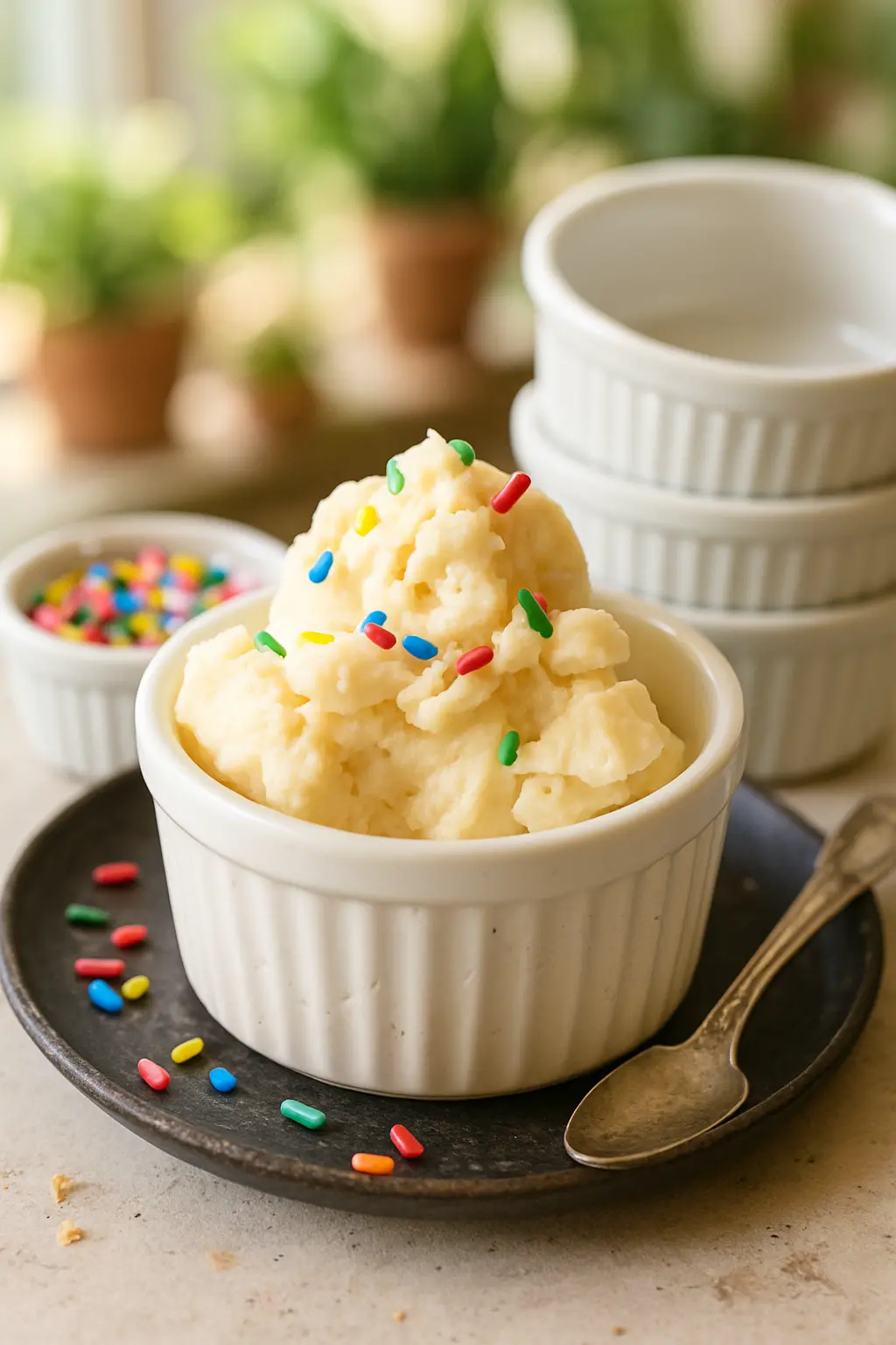 Single serving ice cream in a bowl with colorful sprinkles