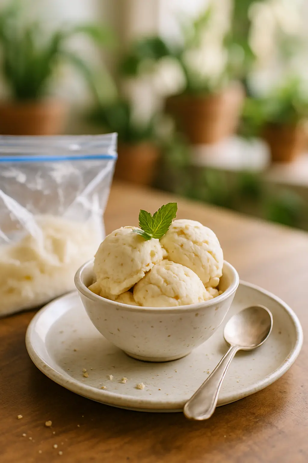 Single serving ice cream being made in a ziplock bag