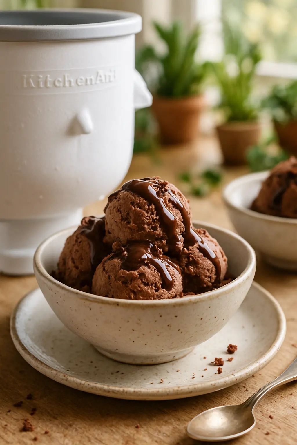 Kitchen aid ice cream attachment recipe showing creamy chocolate ice cream in mixer