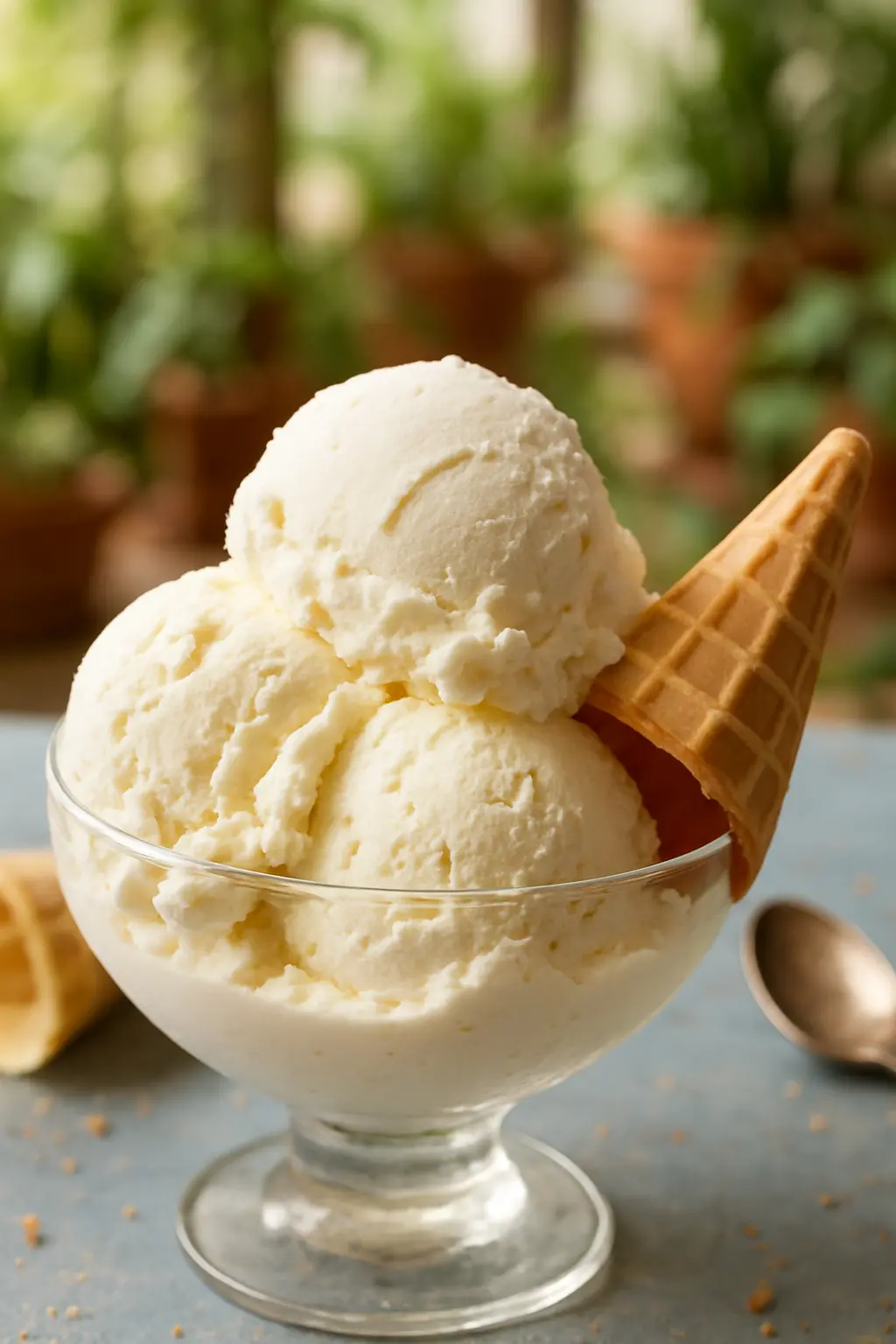 creamy vanilla ice cream no eggs in a bowl