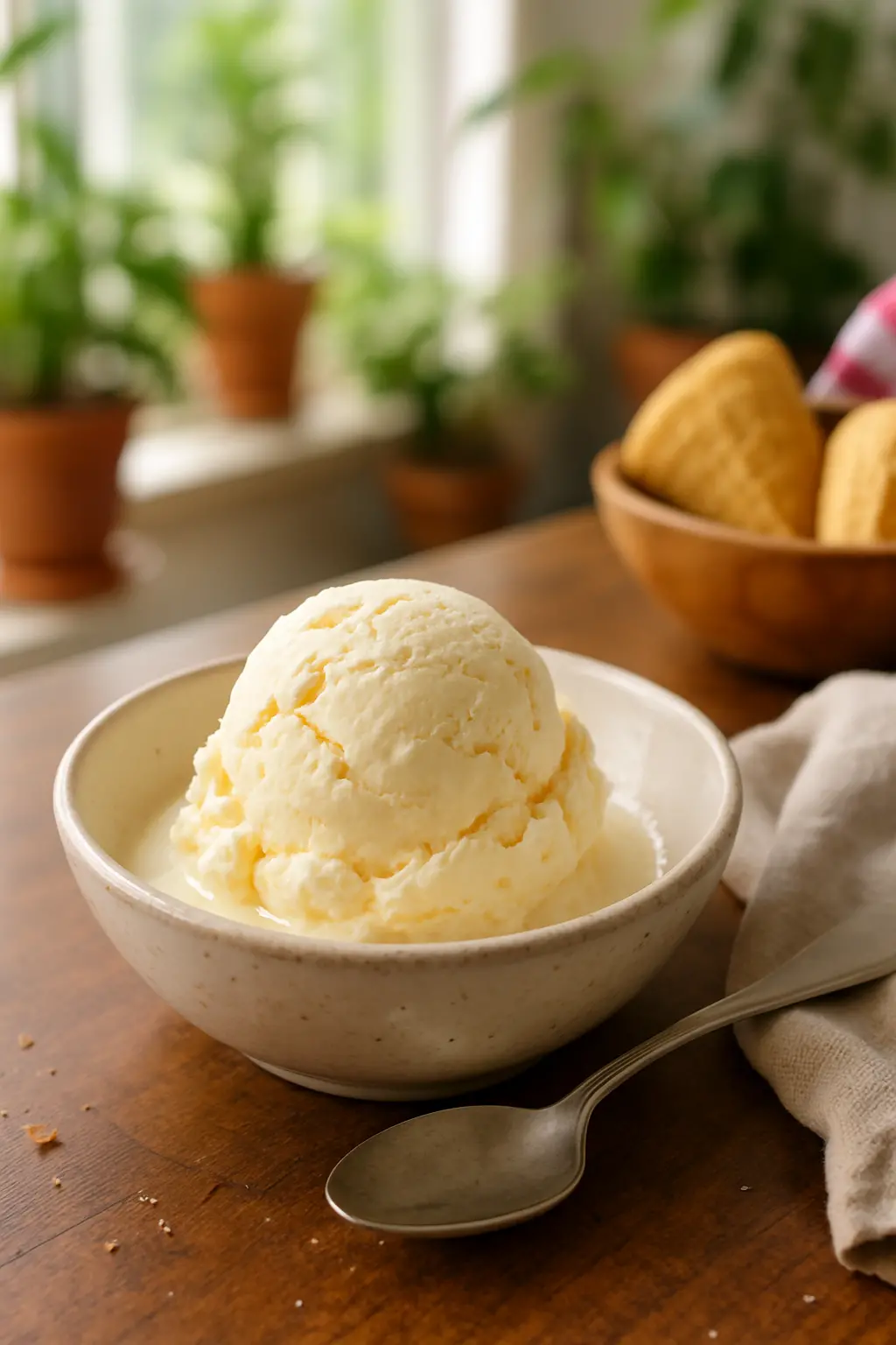 Ingredients for vanilla ice cream without eggs laid out on counter