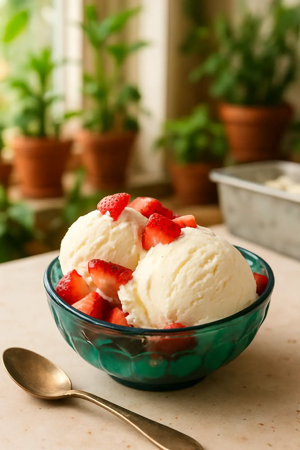 Homemade vanilla ice cream with fresh toppings