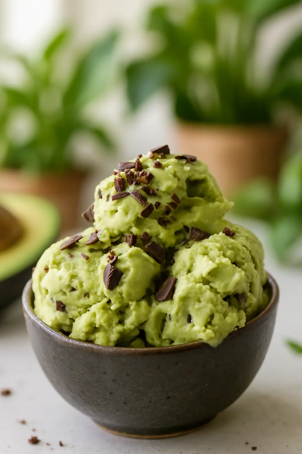 Creamy homemade avocado ice cream with chocolate chunks