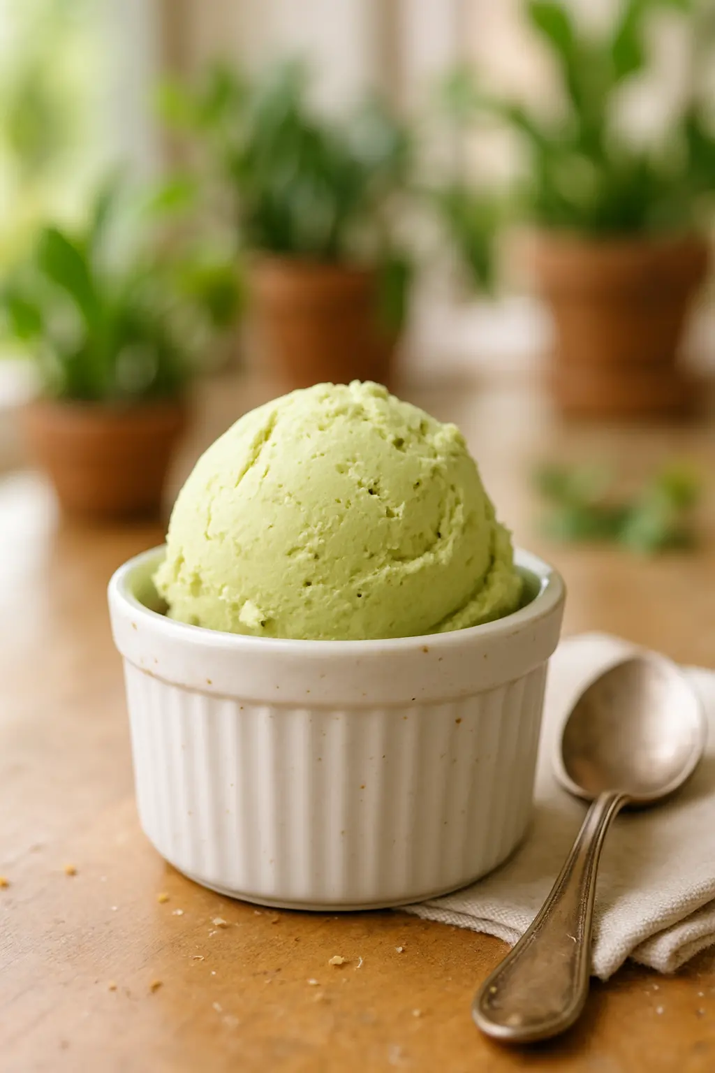 Creamy homemade avocado ice cream in a bowl