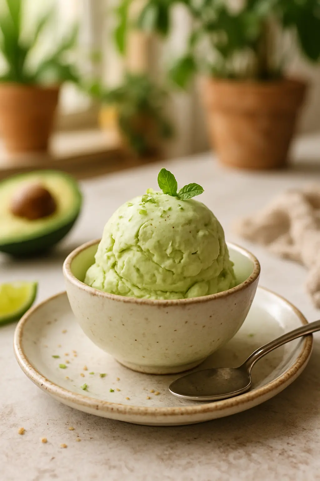 close-up of creamy avocado ice cream with chocolate drizzle