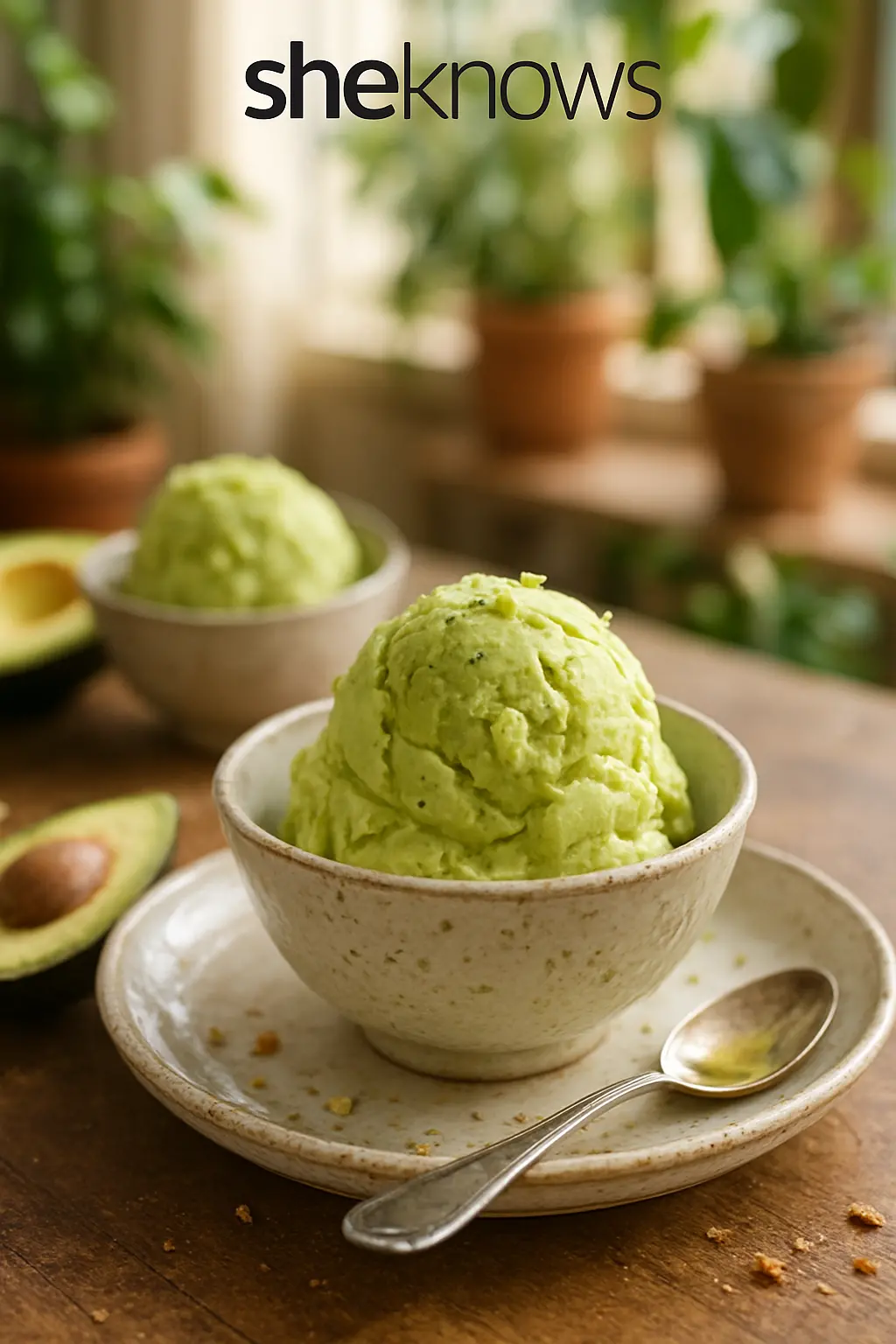 Ingredients for avocado ice cream: avocados, condensed milk, heavy cream, and lemon