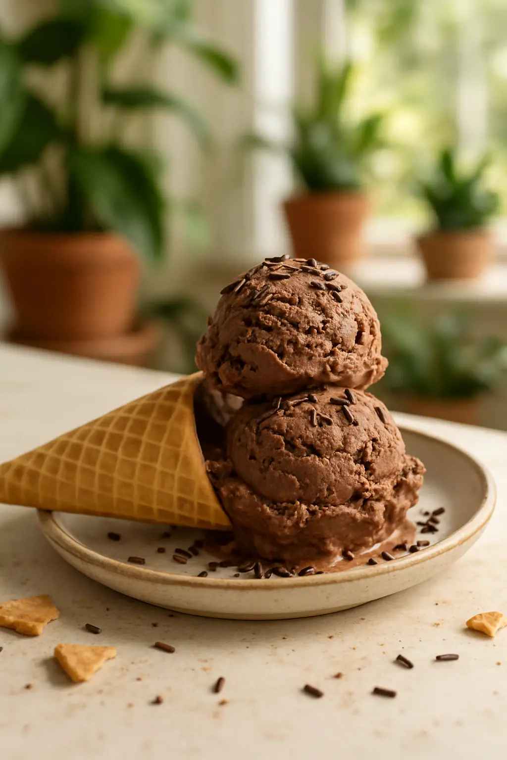 Creamy avocado ice cream in a bowl with chocolate drizzle