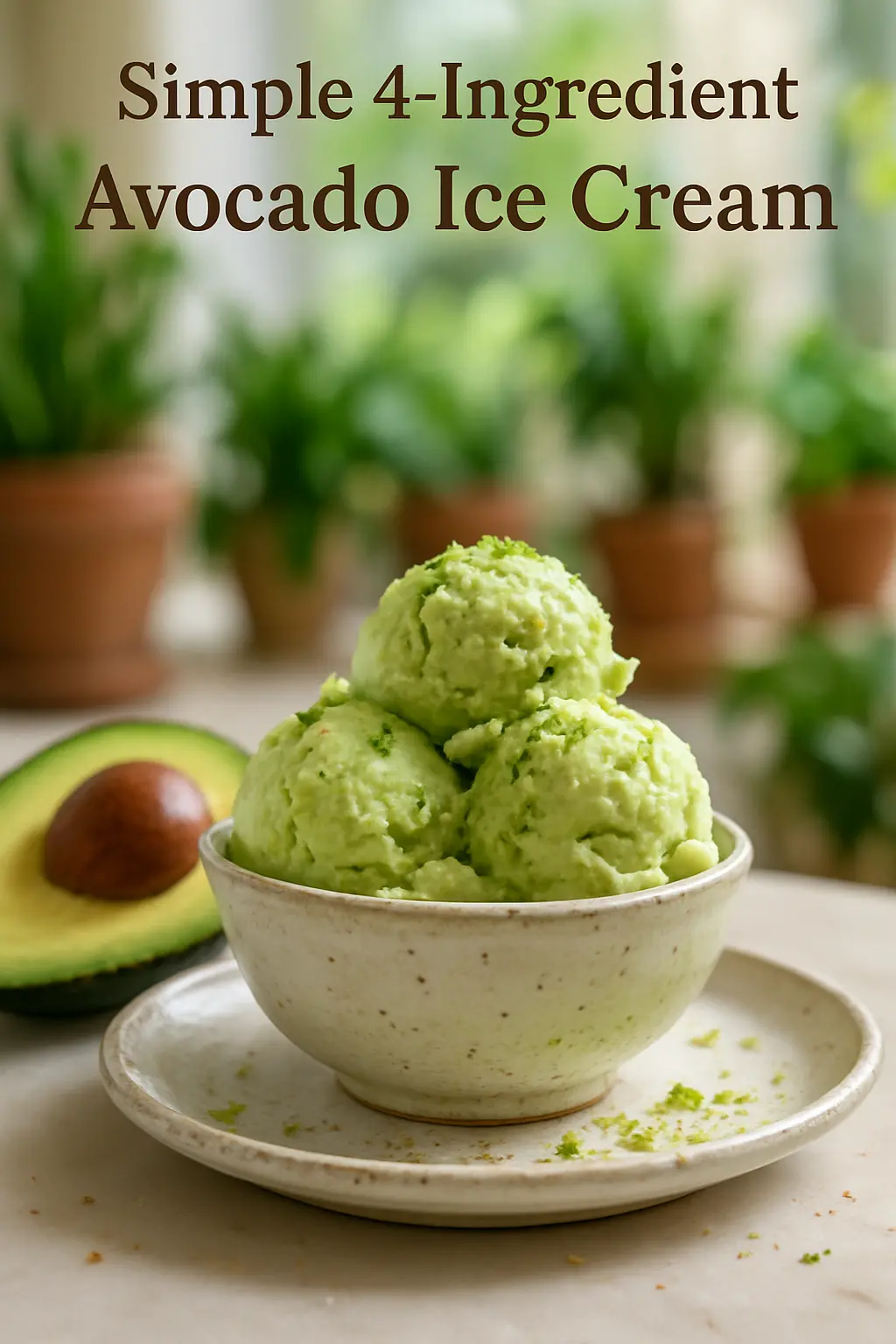 creamy avocado ice cream in a bowl with pistachio topping