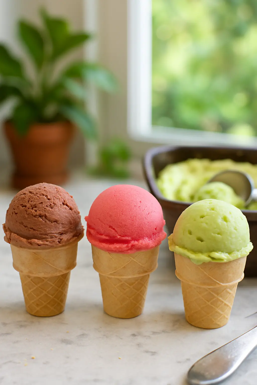 creamy avocado ice cream in a bowl with mint garnish