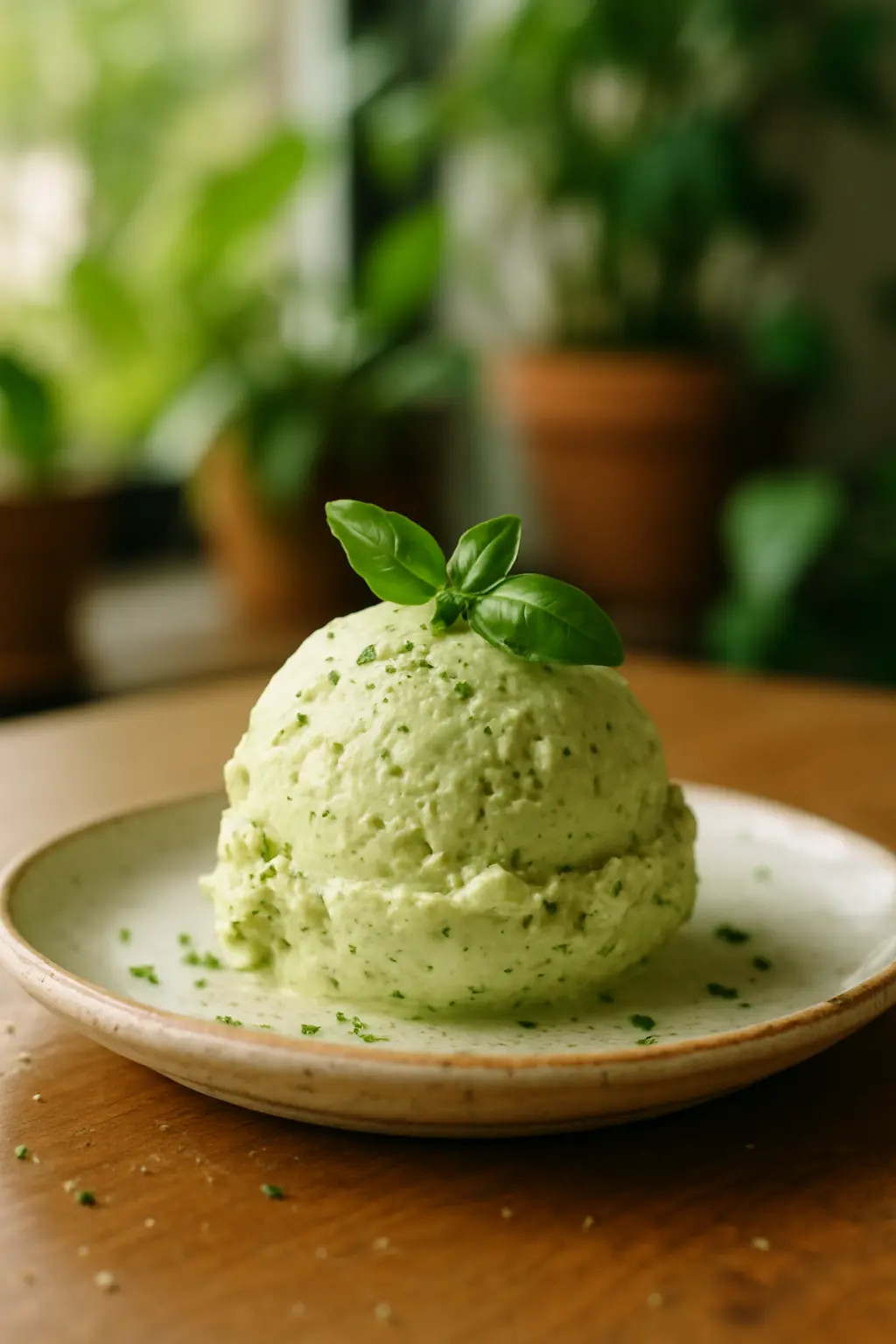 Close-up of creamy basil gelato with lemon zest garnish
