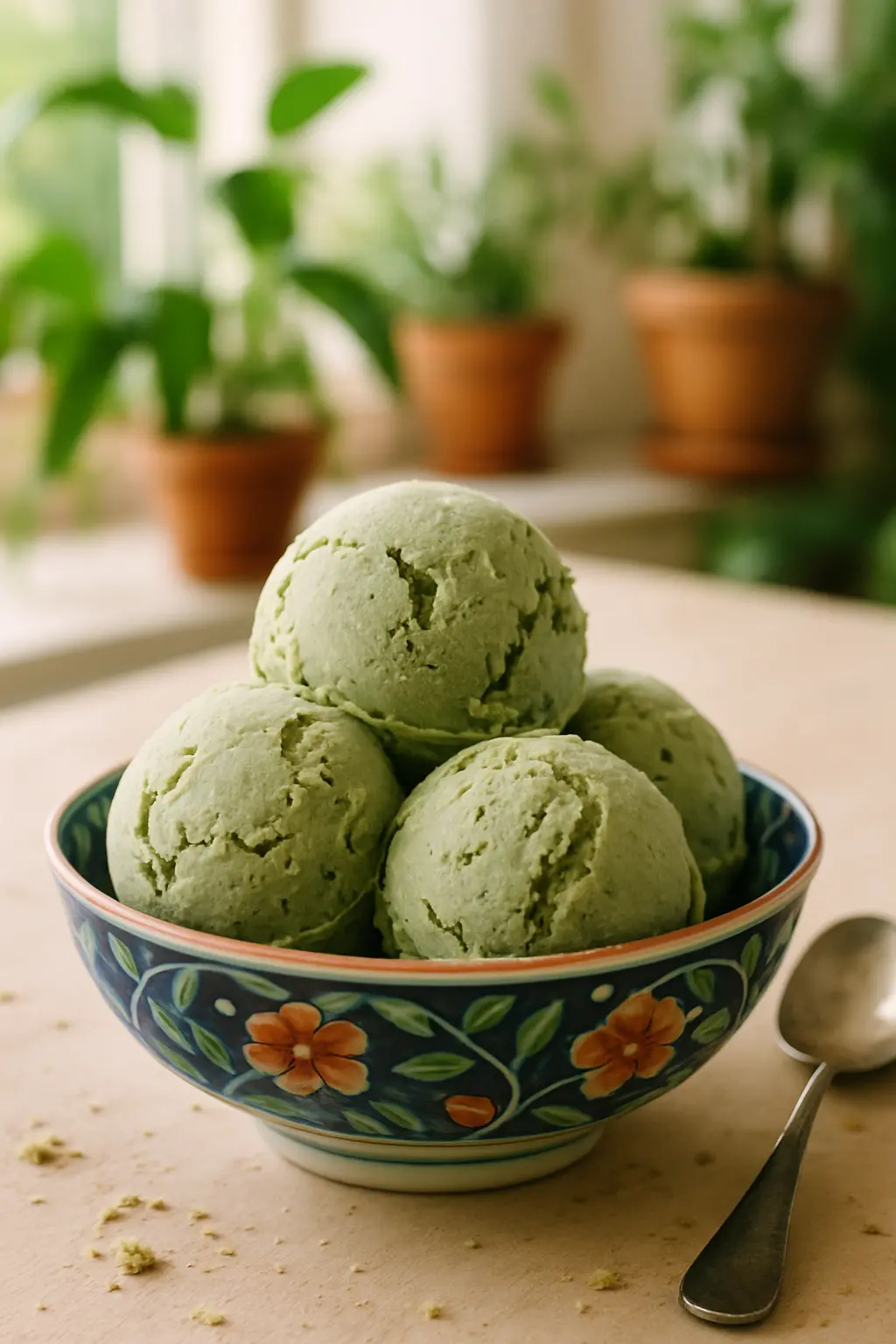Creamy homemade basil ice cream in a bowl with fresh basil leaves